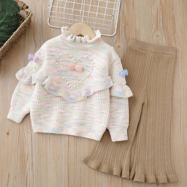 Girls Beige Knitted Sweater And Plazzo 2 Pcs Set