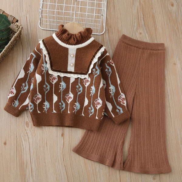 Girls Brown Printed Knitted Top And Plazzo 2 pcs  Set