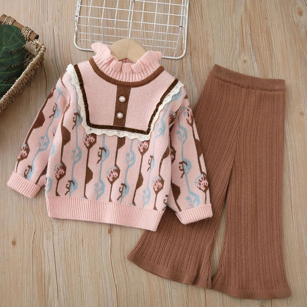 Girls Pink Printed Knitted Top And Plazzo 2 Pcs Set