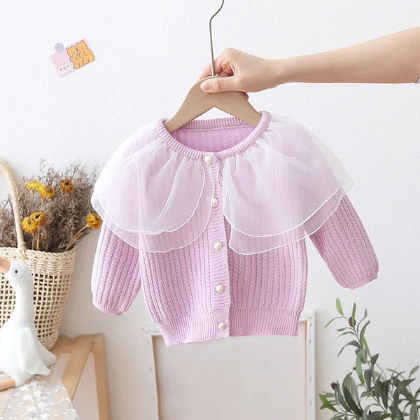 Girls Pink Tulle Collar Sweater