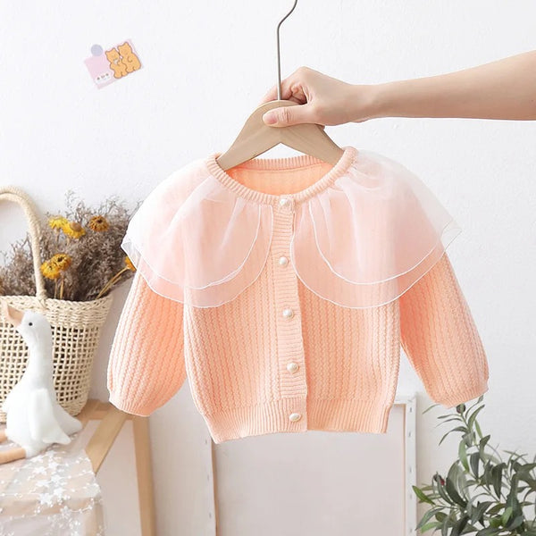 Girls Peach Tulle Collar Sweater