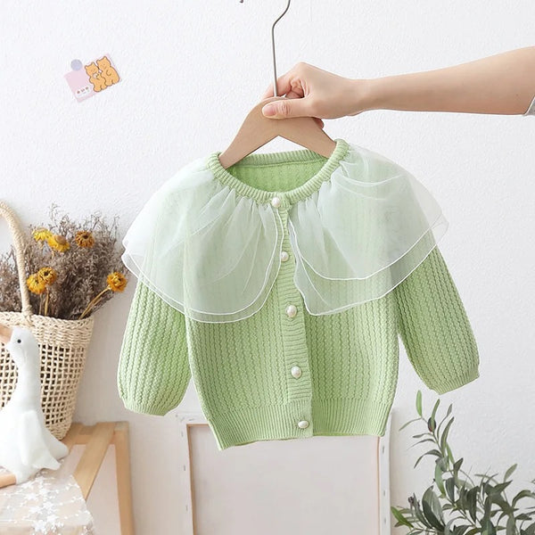 Girls Green Tulle Collar Sweater