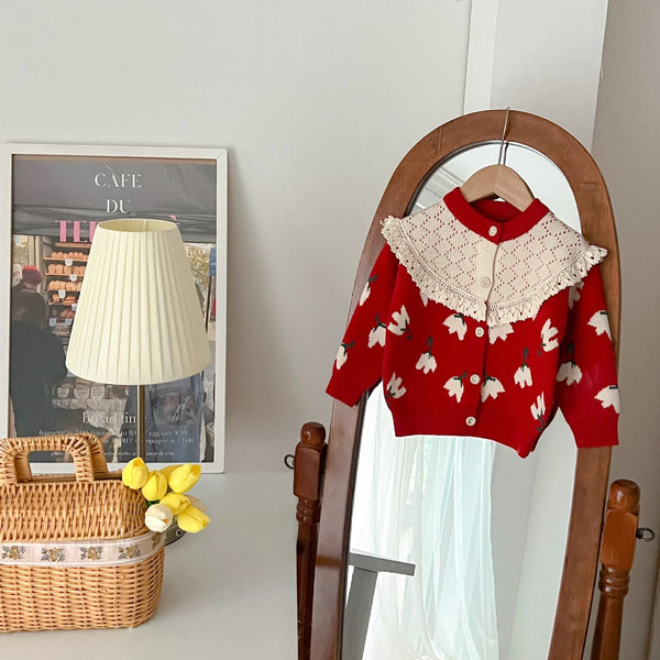 Girls Red Floral Printed Sweater