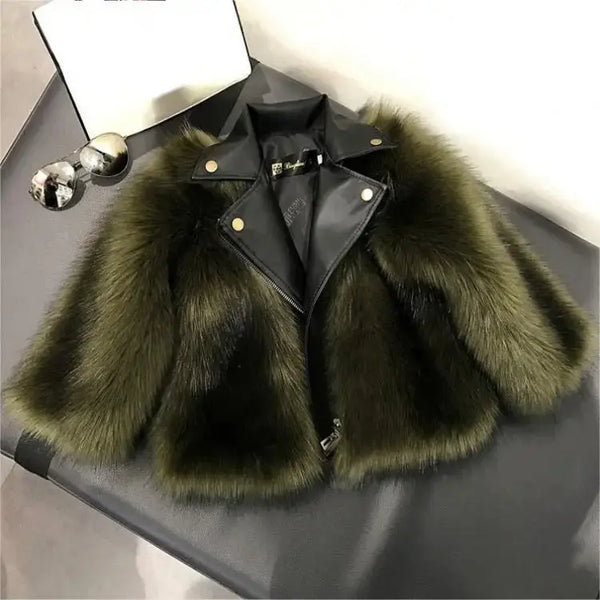 Girls Green Leather Fur Jacket TrendyKid