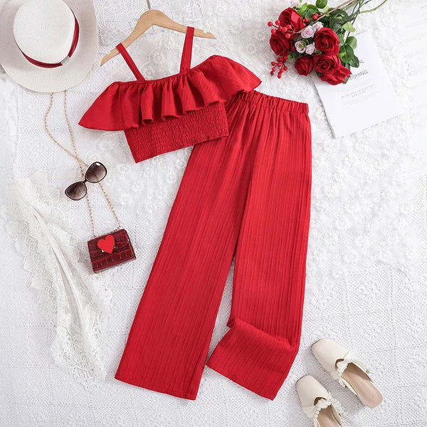 Girls Red Sleeveless Ruffle Top And Pant 2 Pcs Set