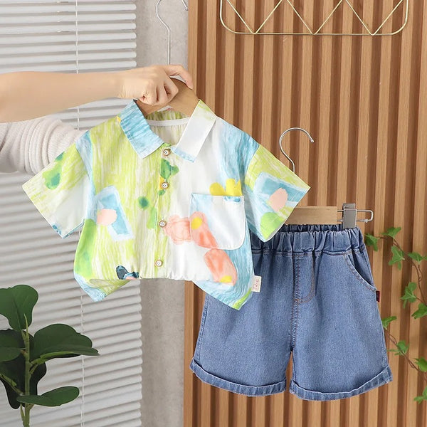 Boys Abstract Printed Shirt And Denim Shorts 2 Pcs Set