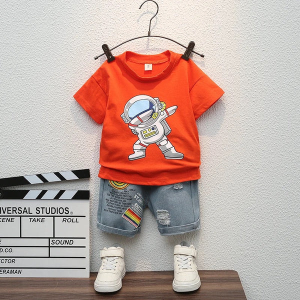 Boys Orange Astronaut Printed T-Shirt And Rugged Denim Shorts 2 Pcs Set