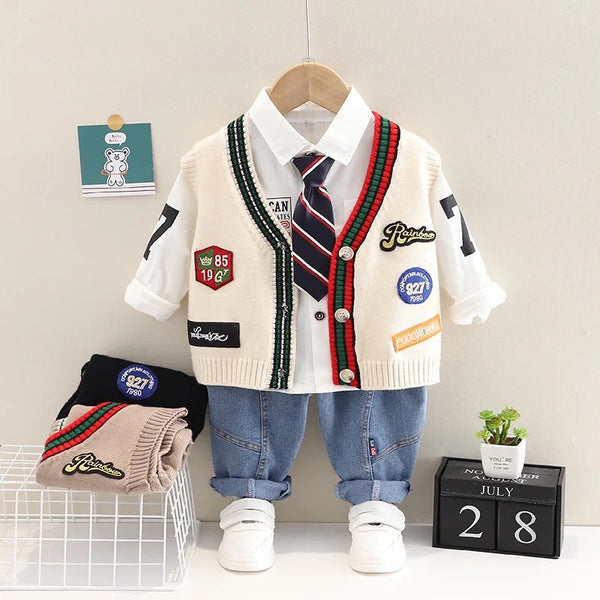 Boys White Sweater With Tie Shirt And Jeans 4 Pcs Set