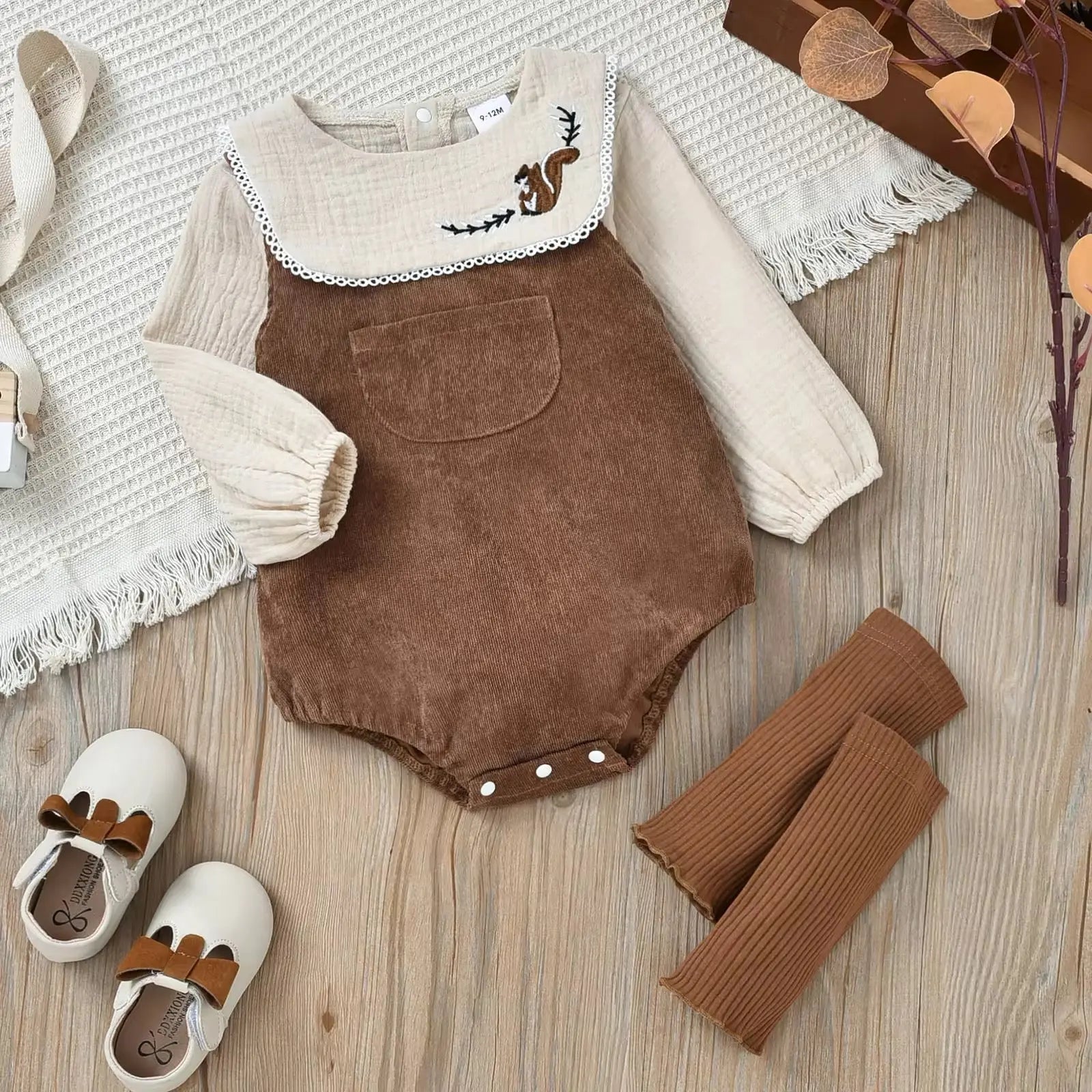 Baby Girl Adorable Brown Squirrel Embroidered Romper Set