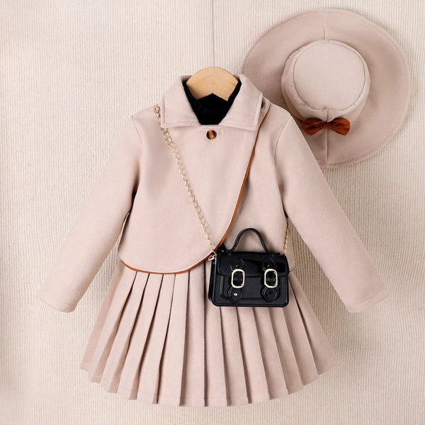 Girls Solid Jacket And Pleated Skirt With Hat 3 Pcs Set