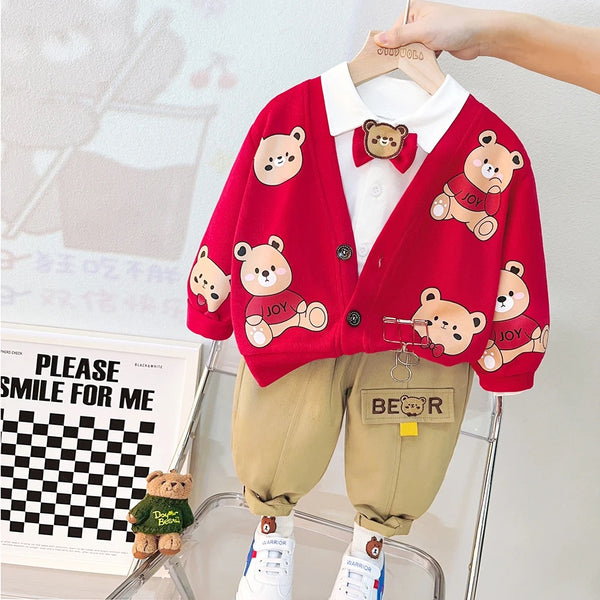 Boys Teddy Printed Jacket With Shirt & Bow And Pants