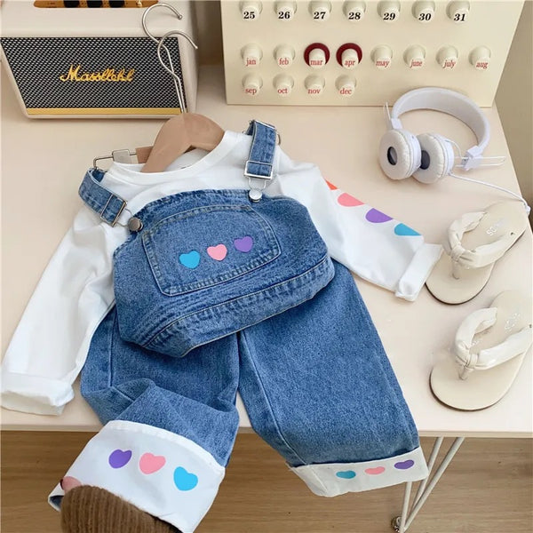 Girls Heart Printed Denim Camisole Jacket With Top And Jeans