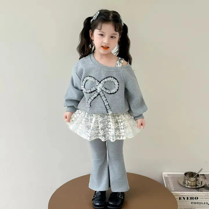 Girls Grey Bow Top With Lace Hem Matching Pants TrendyKid