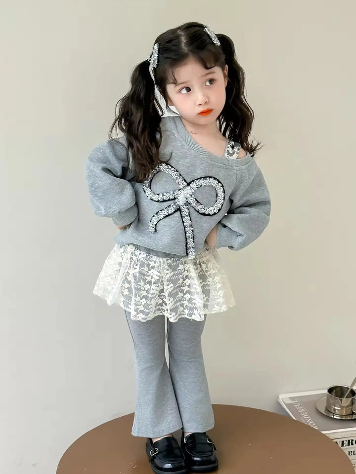 Girls Grey Bow Top With Lace Hem Matching Pants TrendyKid