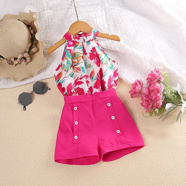 Girls Halter Floral Top And Solid Shorts 2 Pcs Set