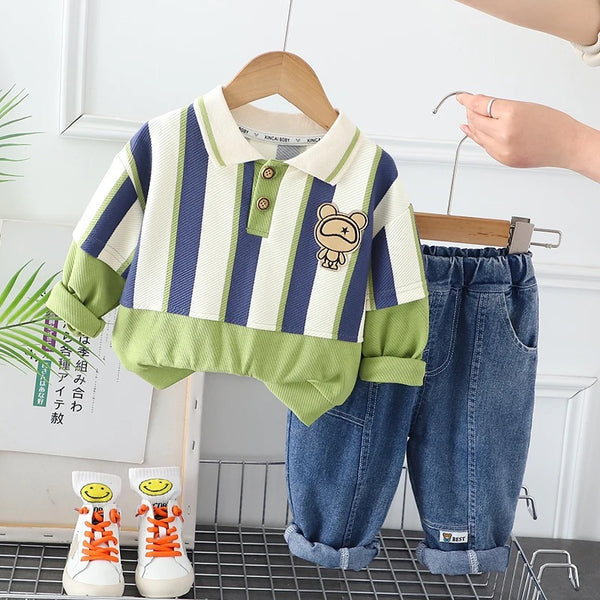Boys Striped Green T-shirt and Jeans Set