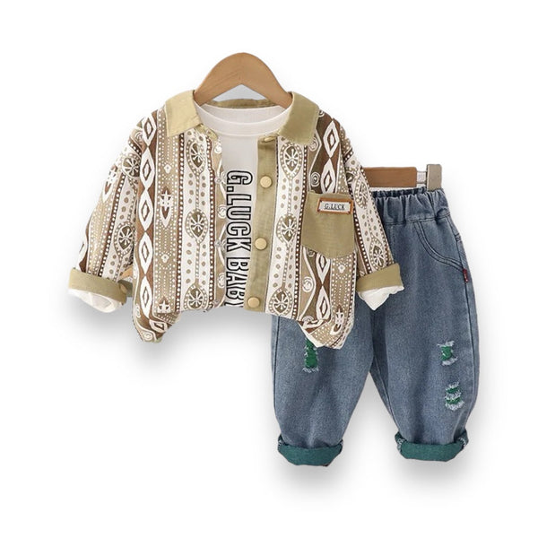 Boys Brown Designer Printed Shirt With T-shirt And Rugged Jeans 3 Pcs Set