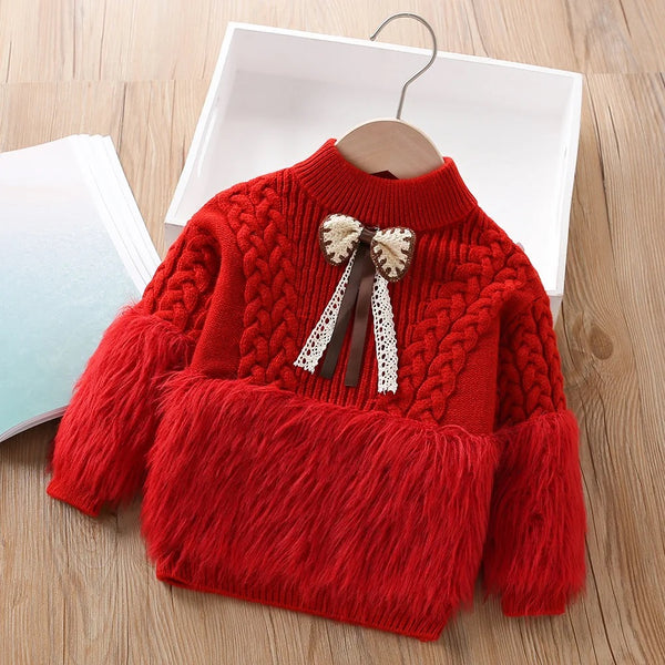 Girls Red Bow Ruffled Sweater