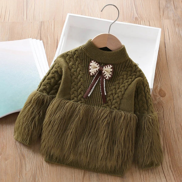 Girls Green Bow Ruffled Sweater