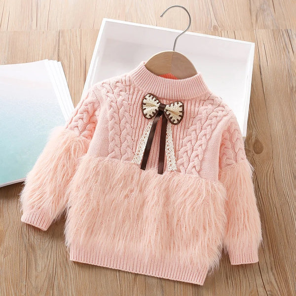 Girls Pink Bow Ruffled Sweater