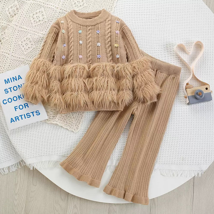 Girls Knitted Winter Co-ord Set with Faux Fur Detailing TrendyKid
