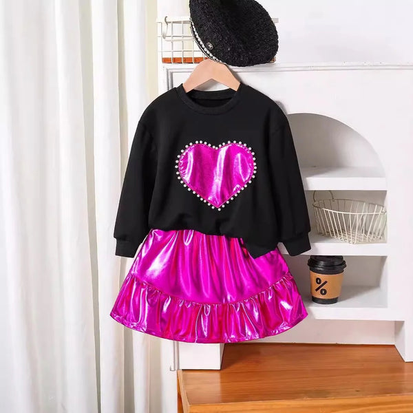 Girls Pink Heart Sweatshirt And Metallic Skirt 2 Pcs Set