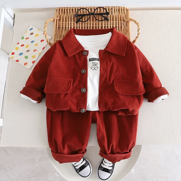 Boys Solid Coduroy Set With T-shirt