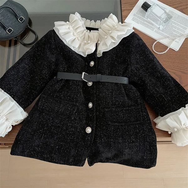 Girls Black Tweed Dress with Ruffle Sleeves and Belt