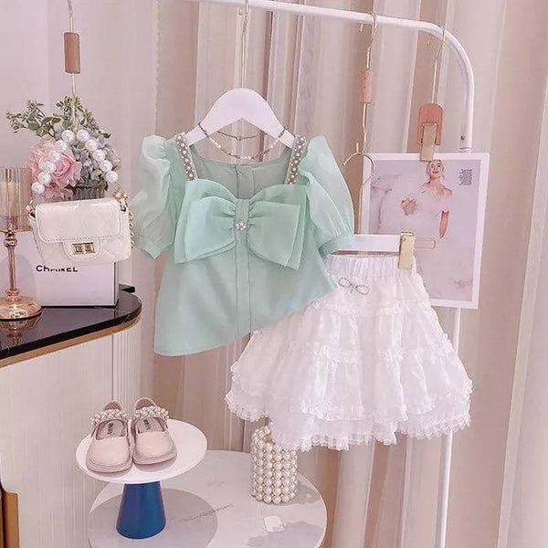 Girls Designer Bow Top And Skirt 2 Pcs Set