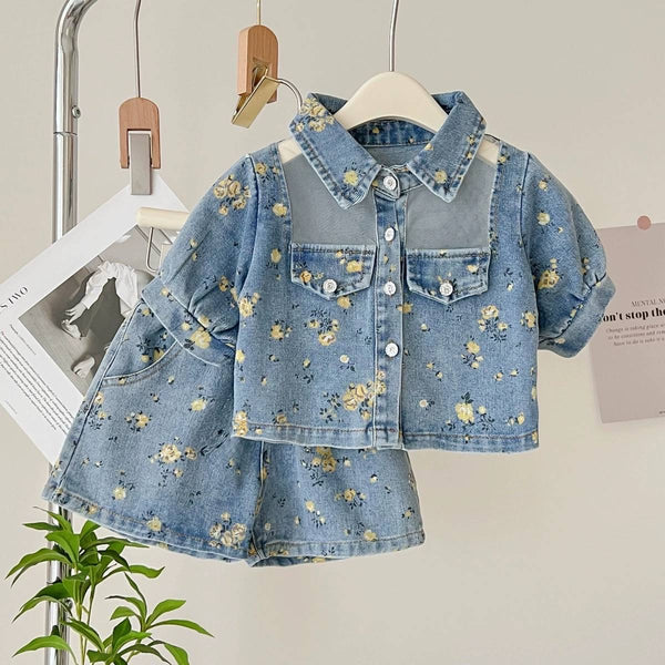 Girls Denim Floral Printed Designer Co-ord Set