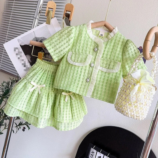 Girls Green Checkered Top And Skirt 2 Pcs Set
