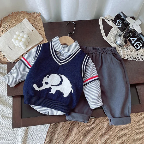 Boys Knitted Sweater With Striped Shirt And Trouser