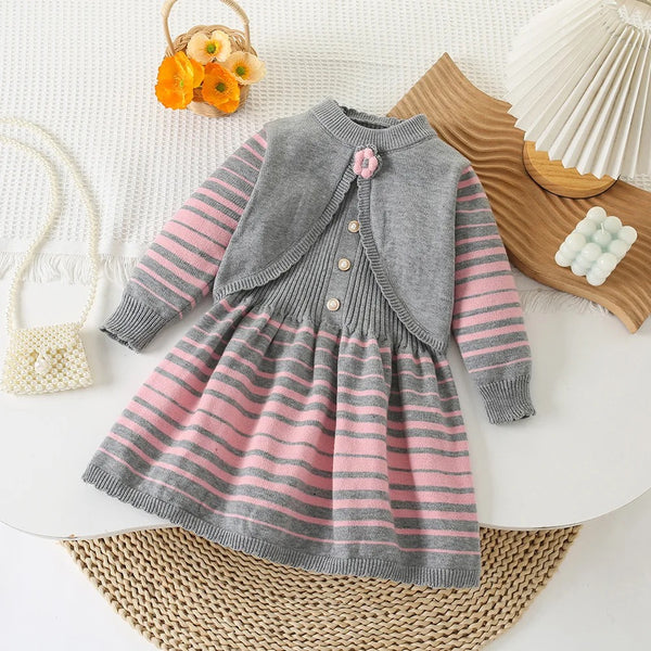 Girls Knitted Grey Striped Dress With Jacket