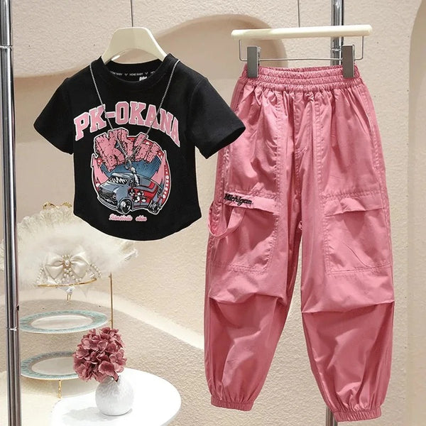 Girls Printed T-Shirt And Cargo Pants 2 Pcs Set