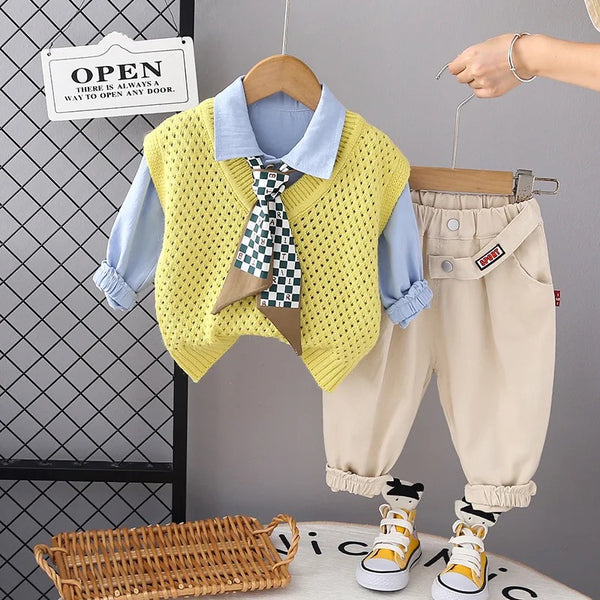 Boys Shirt Sweater With Tie And Jogger 4 Pcs Set