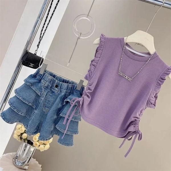 Girls Purple Top And Ruffled Shorts 2 Pcs Set