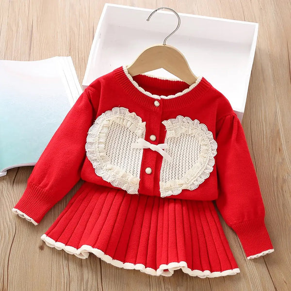 Girls Red Heart Motif Cardigan And Skirt 2 Pcs Set