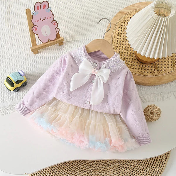 Girls Self Design Bow Cardigan And Ruffled Skirt 2 Pcs Set