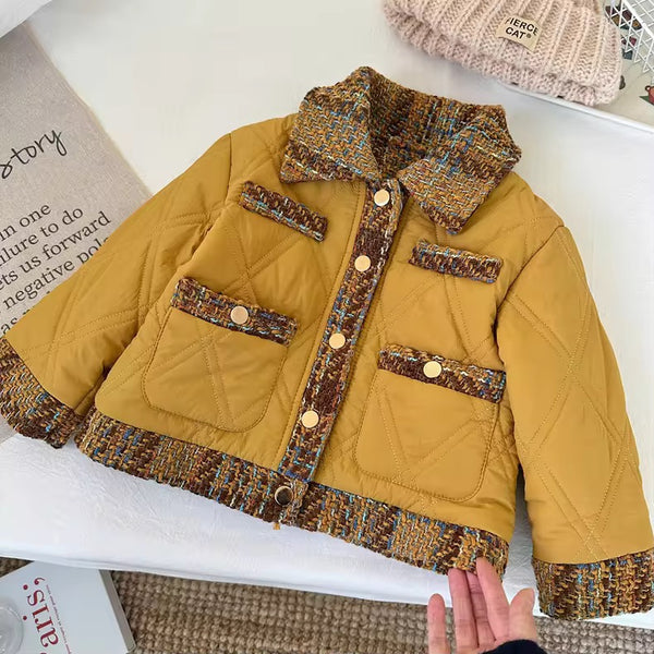 Girls Quilted Jacket With Tweed Accents