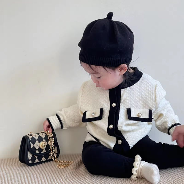 Baby Girl Black And White Knitted Top And Pants Set