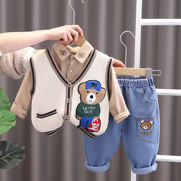 Boys Beige Shirt With Teddy Sweater And Jeans 3 Pcs Set