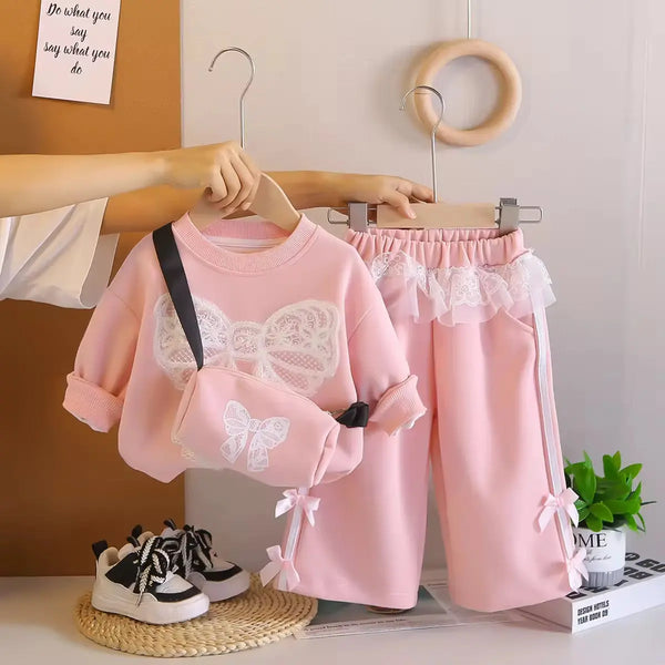 Girls Pink Lace Bow Sweatshirt, Pants & Crossbody Bag 3 Pcs Set TrendyKid