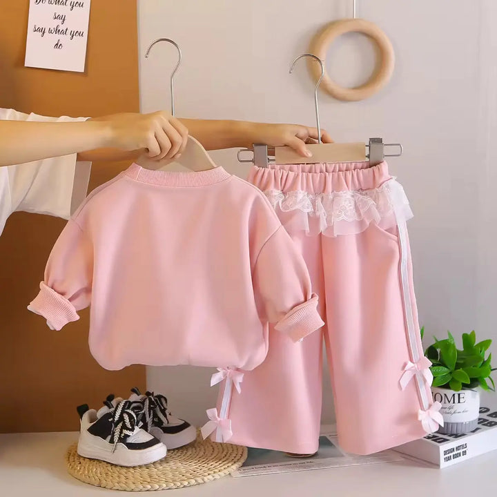 Girls Pink Lace Bow Sweatshirt, Pants & Crossbody Bag 3 Pcs Set TrendyKid