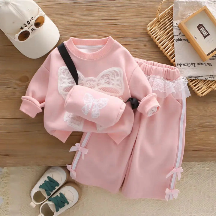 Girls Pink Lace Bow Sweatshirt, Pants & Crossbody Bag 3 Pcs Set TrendyKid