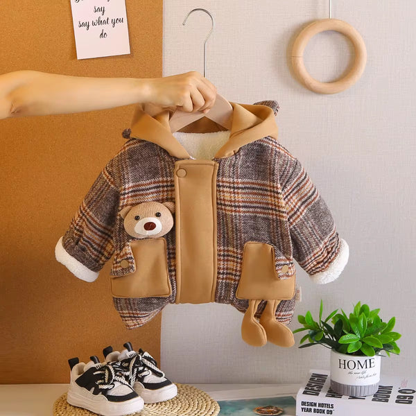 Boys Winter Hooded Plaid Coat With Teddy Pockets