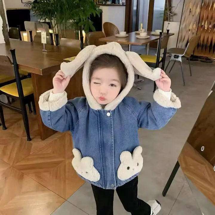 Girls Hooded Denim Winter Jacket With Fleece & Bunny Pockets TrendyKid