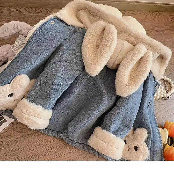 Girls Hooded Denim Winter Jacket With Fleece & Bunny Pockets TrendyKid