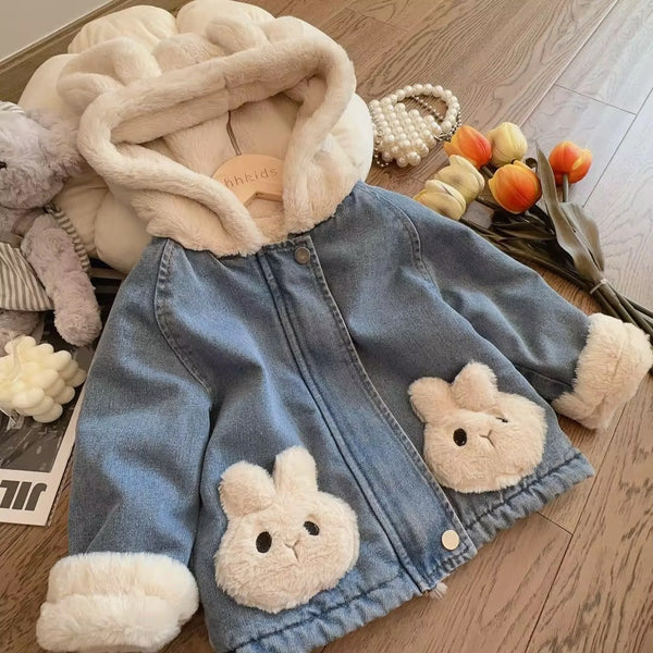 Girls Hooded Denim Winter Jacket With Fleece & Bunny Pockets