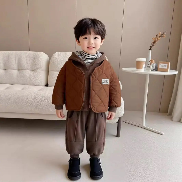 Boys Quilted Brown Jacket With Sweatshirt & Jogger Set TrendyKid