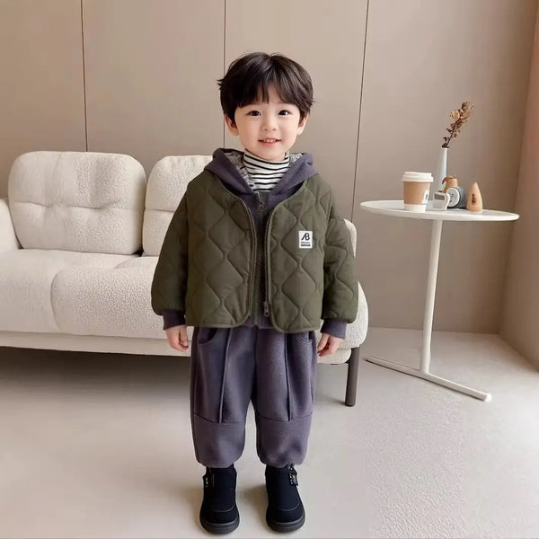 Boys Quilted Green Jacket With Grey Sweatshirt & Jogger Set TrendyKid